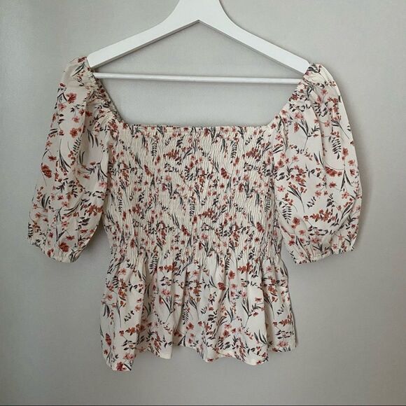 Shein Blouse Smocked Floral Pattern Cream Half Sleeve Square Neck - Picture 1 of 7